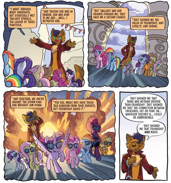 Size: 952x1017 | Tagged: safe, artist:tonyfleecs, derpibooru import, idw, applejack, capper dapperpaws, fluttershy, pinkie pie, rainbow dash, rarity, spike, tempest shadow, twilight sparkle, my little pony: the movie, spoiler:comic, spoiler:comic96, cool guys don't look at explosions, image, jpeg, mane six, season 10, sunglasses