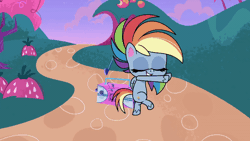 Size: 800x450 | Tagged: safe, derpibooru import, screencap, rainbow dash, pegasus, pony, my little pony: pony life, spoiler:pony life s02e16, animated, bipedal, breakdancing, credits, dancing, eyes closed, female, gif, image, music notes, outdoors, playground, portal combat, rainbow trail, smiling, solo, spinning, stereo, talking, text