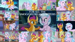 Size: 1280x722 | Tagged: safe, derpibooru import, edit, edited screencap, editor:quoterific, screencap, gallus, ocellus, rainbow dash, sandbar, silverstream, smolder, twilight sparkle, twilight sparkle (alicorn), yona, alicorn, changedling, changeling, classical hippogriff, dragon, gryphon, hippogriff, pony, yak, horse play, non-compete clause, school daze, the hearth's warming club, uprooted, what lies beneath, collage, dragoness, female, image, lesbian, male, png, shipping, smolderstream, student six