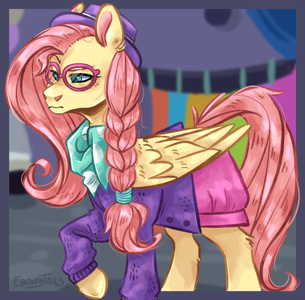 Size: 2065x2031 | Tagged: safe, artist:ebonytails, derpibooru import, fluttershy, pegasus, pony, fake it 'til you make it, alternate hairstyle, braid, clothes, ear fluff, female, glasses, hat, hipstershy, image, leg fluff, mare, png, scarf, solo