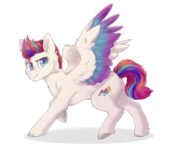 Size: 4465x3847 | Tagged: safe, artist:twinkesus, derpibooru import, zipp storm, pegasus, pony, cheek fluff, chest fluff, colored wings, ear fluff, female, g5, high res, hoof fluff, image, looking at you, mare, multicolored hair, multicolored tail, multicolored wings, png, raised hoof, simple background, smiling, solo, spread wings, transparent background, unshorn fetlocks, wings