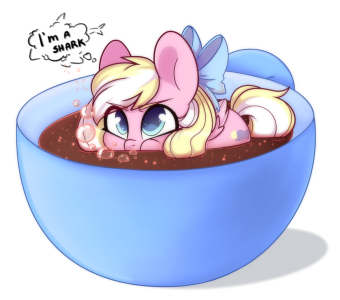 Size: 1280x1129 | Tagged: safe, artist:cloud-fly, derpibooru import, oc, oc:bay breeze, pegasus, pony, bow, bubble, chibi, coffee, cup, cup of pony, female, hair bow, image, mare, micro, png, simple background, solo, transparent background