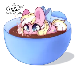 Size: 1280x1129 | Tagged: safe, artist:cloud-fly, derpibooru import, oc, oc:bay breeze, pegasus, pony, bow, bubble, chibi, coffee, cup, cup of pony, female, hair bow, image, mare, micro, png, simple background, solo, transparent background