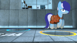Size: 800x450 | Tagged: safe, artist:bastbrushie, derpibooru import, oc, oc:brushie brusha, earth pony, pony, aperture science, computer, crossover, flying, gif, image, mane blue, now you're thinking with portals, portal, portal (valve), room, solo, travelling