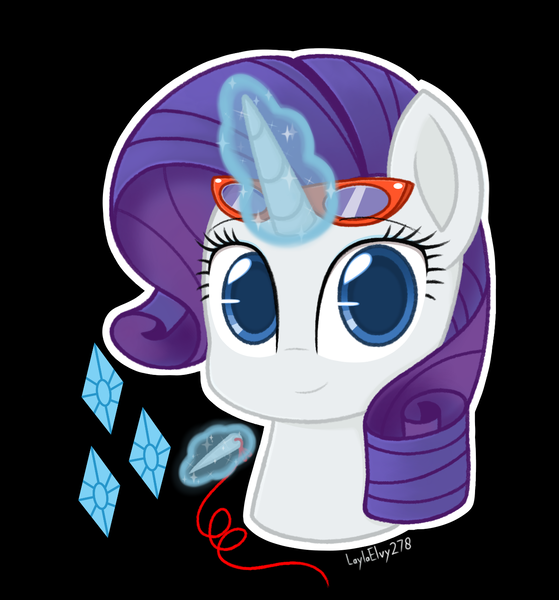 Size: 1358x1458 | Tagged: safe, artist:laylaelvy278, derpibooru import, rarity, pony, unicorn, glasses, image, levitation, looking at you, magic, png, sewing needle, smiling, solo, telekinesis, thread