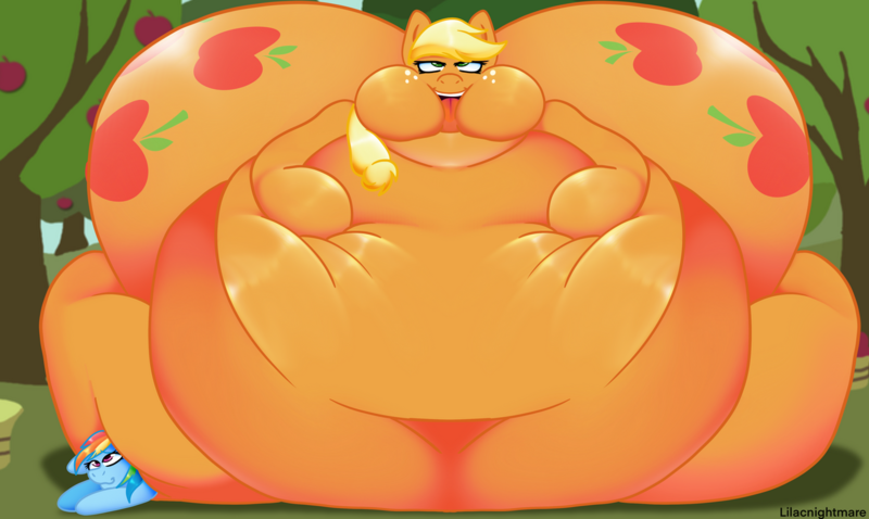 Size: 1280x764 | Tagged: questionable, artist:fallenandscattered, derpibooru import, applejack, rainbow dash, earth pony, pegasus, pony, amplejack, applefat, belly, belly bed, big belly, butt, chubby cheeks, fat, female, huge belly, huge butt, image, immobile, impossibly large belly, impossibly large butt, large butt, massive, morbidly obese, obese, open mouth, png, sitting on, sitting on pony, squished, tongue out, weight gain