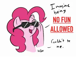 Size: 2732x2048 | Tagged: safe, artist:datzigga, derpibooru import, pinkie pie, earth pony, pony, dialogue, image, jpeg, no fun allowed, solo, sunglasses, text