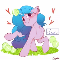 Size: 1080x1080 | Tagged: safe, artist:pkt3stptzliprff, derpibooru import, izzy moonbow, pony, unicorn, ball, blushing, chest fluff, cute, ear fluff, female, floppy ears, g5, grass, heart, horn, horn guard, horn impalement, hornball, image, izzy's tennis ball, izzybetes, jpeg, looking at you, mare, raised hoof, signature, simple background, smiling, tennis ball, white background