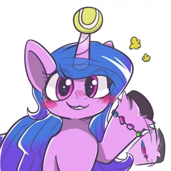 Size: 1500x1500 | Tagged: safe, artist:utoimohu, derpibooru import, izzy moonbow, pony, unicorn, ball, blushing, bracelet, cute, female, g5, horn, horn guard, horn impalement, hornball, image, izzy's tennis ball, izzybetes, jewelry, jpeg, looking at you, mare, simple background, smiling, solo, tennis ball, unshorn fetlocks, waving, white background