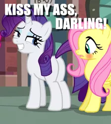 Size: 439x489 | Tagged: artist needed, suggestive, derpibooru import, fluttershy, rarity, pegasus, unicorn, blushing, butt, female, flarity, grin, image, kiss my ass, lesbian, looking at her butt, looking back, meme, png, rearity, shipping, smiling, teasing, text