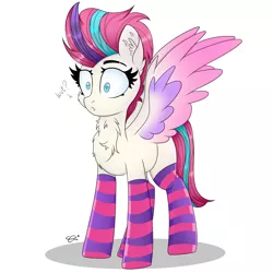 Size: 2500x2500 | Tagged: safe, artist:splashofsweet, derpibooru import, zipp storm, pegasus, pony, chest fluff, clothes, ear fluff, eyelashes, female, g5, image, mare, png, signature, simple background, socks, solo, striped socks, white background, wut face