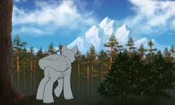 Size: 3120x1888 | Tagged: safe, artist:klooda, derpibooru import, pony, adventure, advertisement, auction, backpack, bush, camping, cloud, commission, day, detailed, detailed background, forest, forest background, from behind, full body, generic pony, grass, image, journey, mountain, one hoof raised, pine tree, png, realistic, rear view, scenery, solo, standing, tree, wood, your character here
