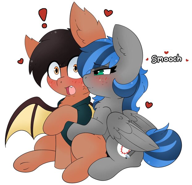 Size: 2666x2571 | Tagged: safe, artist:pegamutt, derpibooru import, oc, oc:bibbo, oc:lonestar, unofficial characters only, bat pony, pegasus, pony, :o, bat pony oc, bat wings, blushing, chest fluff, commission, duo, exclamation point, fangs, female, floating heart, freckles, heart, image, jpeg, kiss on the cheek, kissing, lidded eyes, male, mare, open mouth, simple background, sitting, smiling, smooch, stallion, underhoof, white background, wings