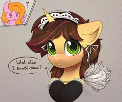 Size: 2934x2450 | Tagged: safe, artist:reterica, derpibooru import, oc, oc:joshua weedminster, oc:tanuki thunderstorm of magadan, unofficial characters only, pegasus, pony, unicorn, clothes, crossdressing, image, maid, male, png, stallion