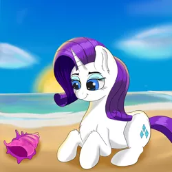 Size: 1280x1280 | Tagged: safe, artist:joaothejohn, deleted from derpibooru, derpibooru import, rarity, pony, unicorn, beach, cloud, cute, female, image, jpeg, mare, ocean, seashell, shell, smiling, solo, sun