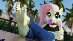 Size: 3840x2160 | Tagged: safe, artist:shadowboltsfm, derpibooru import, fluttershy, anthro, plantigrade anthro, 3d, 4k, black nail polish, blender, bubblegum, choker, clothes, crossed arms, crossed legs, eyelashes, eyeshadow, feet, feet on table, fetish, fluttergoth, food, foot fetish, foot focus, gum, image, jeans, looking at you, makeup, nail polish, not sfm, palm tree, pants, png, soles, toes, tree