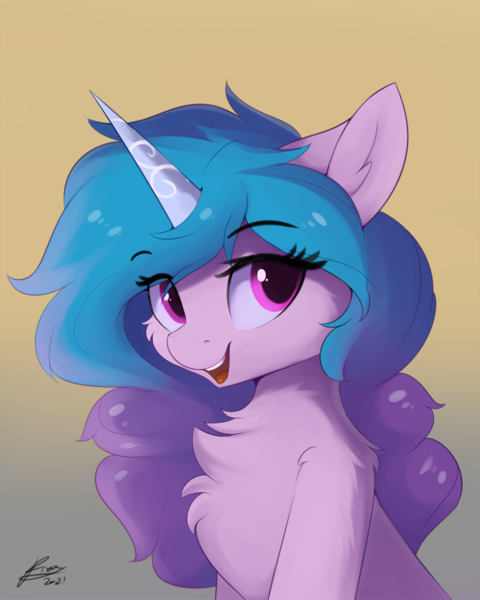 Size: 960x1200 | Tagged: safe, artist:lunar froxy, derpibooru import, izzy moonbow, pony, unicorn, cheek fluff, chest fluff, cute, ear fluff, eyelashes, female, g5, gradient background, image, izzybetes, looking at you, mare, open mouth, png, shoulder fluff, signature, solo