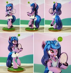 Size: 5563x5754 | Tagged: safe, artist:chyvak, derpibooru import, izzy moonbow, pony, unicorn, absurd resolution, ball, bipedal, clothes, female, figurine, g5, horn, horn guard, horn impalement, hornball, horseshoes, image, izzy's tennis ball, jpeg, mare, skirt, smiling, tennis ball, tennis racket, tongue out, underhoof