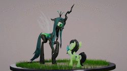 Size: 1920x1080 | Tagged: safe, artist:dieanondie, derpibooru import, queen chrysalis, oc, oc:anonfilly, changeling, changeling queen, pony, 3d, animated, blender, female, filly, image, solo, toy, turntable, webm