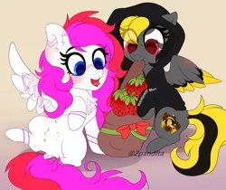 Size: 2712x2278 | Tagged: safe, artist:2pandita, derpibooru import, oc, oc:mizhore, unofficial characters only, pegasus, pony, bag, chibi, female, food, image, mare, png, strawberry