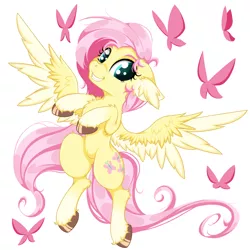 Size: 2500x2500 | Tagged: safe, artist:rurihal, derpibooru import, fluttershy, butterfly, insect, pegasus, pony, chest fluff, cute, ear fluff, floppy ears, image, looking at you, png, shyabetes, simple background, white background