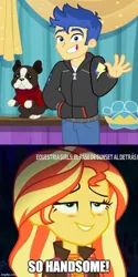 Size: 500x998 | Tagged: safe, derpibooru import, banana (dog), flash sentry, sunset shimmer, equestria girls, equestria girls series, ahegao, caption, female, flashimmer, image, image macro, imgflip, looking up, male, open mouth, png, shipping, shipping domino, straight, text, tongue out