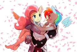 Size: 2000x1332 | Tagged: safe, artist:mrscroup, derpibooru import, fluttershy, rainbow dash, anthro, pegasus, plantigrade anthro, armor, blushing, bride carrying, carrying, carrying pony, feet, female, floating wings, flutterdash, image, jpeg, knight, lesbian, looking at each other, rainbow maid, shipping, stocking feet, wings