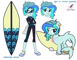 Size: 923x728 | Tagged: safe, artist:icey-wicey-1517, artist:violetfeatheroficial, color edit, derpibooru import, edit, oc, oc:wave breaker, unofficial characters only, original species, pony, shark, shark pony, equestria girls, anklet, belt, collaboration, colored, ear piercing, earring, equestria girls-ified, feet, female, flip-flops, flippers, goggles, image, jewelry, lipstick, makeup, mare, multicolored hair, necklace, piercing, png, raised hoof, reference sheet, sandals, seashell, seashell necklace, solo, surfboard, swimming goggles, unshorn fetlocks, wetsuit