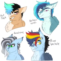 Size: 3000x3000 | Tagged: safe, artist:gingygin, derpibooru import, oc, oc:fast track, oc:monochrome, oc:northern winds, oc:prime spectle, pegasus, pony, bust, chest fluff, half-siblings, image, offspring, parent:quibble pants, parent:rainbow dash, parent:soarin', parents:quibbledash, parents:soarindash, png, siblings