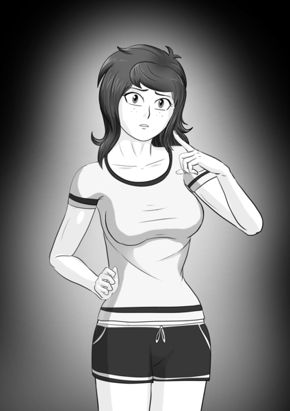 Size: 3541x5016 | Tagged: safe, alternate version, artist:symptom99, derpibooru import, wallflower blush, equestria girls, breasts, chest freckles, clothes, female, freckles, image, monochrome, png, shorts, sports, sports bra, sports shorts