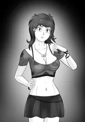 Size: 3541x5016 | Tagged: suggestive, alternate version, artist:symptom99, derpibooru import, wallflower blush, equestria girls, belly button, boob freckles, bracelet, breasts, chest freckles, cleavage, clothes, female, freckles, image, jewelry, monochrome, necklace, png, seductive outfit, skirt