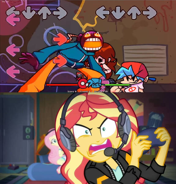 Size: 875x913 | Tagged: safe, artist:brandonale, derpibooru import, edit, edited screencap, screencap, fluttershy, sunset shimmer, equestria girls, equestria girls series, game stream, spoiler:eqg series (season 2), boyfriend (friday night funkin), friday night funkin', gamer sunset, image, jpeg, open mouth, rageset shimmer