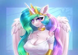 Size: 3508x2480 | Tagged: suggestive, artist:dandy, derpibooru import, princess celestia, alicorn, anthro, blushing, breasts, bust, busty princess celestia, chest fluff, clothes, erect nipples, eyeshadow, female, gloves, horn, image, jewelry, long gloves, looking at you, makeup, nipple outline, off shoulder, png, praise the sun, questionable source, regalia, simple background, smiling, solo, solo female, wings