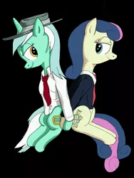 Size: 3024x4032 | Tagged: safe, artist:short tale, derpibooru import, bon bon, lyra heartstrings, sweetie drops, earth pony, unicorn, blazer, clothes, colored, couple, digital art, hat, image, jpeg, necktie, profile, shading, shipping, shirt, smiling, suit, undershirt