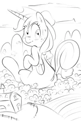 Size: 1000x1500 | Tagged: safe, artist:khorme, derpibooru import, applejack, alicorn, pony, cowboy hat, female, giant pony, giantess, growth, hat, image, looking back, macro, mare, monochrome, png, race swap, stetson, sweet apple acres