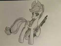 Size: 4032x3024 | Tagged: safe, artist:artevi, derpibooru import, applejack, earth pony, pony, gun, hat, image, jpeg, shotgun, traditional art, weapon