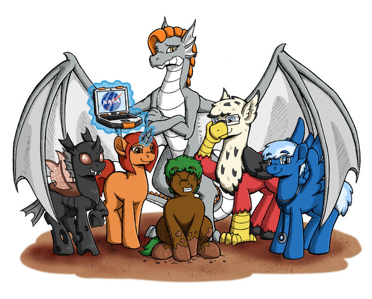 Size: 1280x1029 | Tagged: safe, artist:riverfox237, derpibooru import, ponified, changeling, dragon, earth pony, hippogriff, pegasus, pony, unicorn, fanfic:the maretian, brown changeling, changelingified, computer, dragonified, fanfic art, glasses, hippogriffied, image, jpeg, laptop computer, levitation, magic, mark watney, mud, simple background, species swap, spread wings, stethoscope, telekinesis, white background, wings