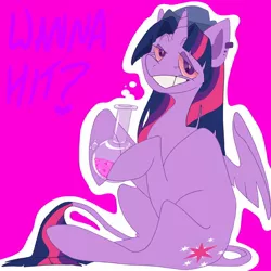 Size: 1500x1500 | Tagged: safe, artist:zigzagoonnoises, derpibooru import, twilight sparkle, twilight sparkle (alicorn), alicorn, pony, beanie, bong, bubble, drugs, ear piercing, earring, grin, hat, image, jewelry, jpeg, junkielight, leonine tail, looking at you, piercing, red eyes, smiling, solo