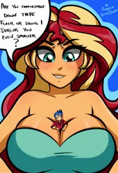 Size: 2131x3141 | Tagged: safe, artist:ameliacostanza, derpibooru import, flash sentry, sunset shimmer, equestria girls, between breasts, breasts, busty sunset shimmer, cleavage, commission, female, flashimmer, giantess, image, jpeg, macro, male, micro, shipping, shrinking, straight