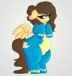 Size: 3830x4096 | Tagged: safe, artist:retro_hearts, derpibooru import, oc, oc:retro hearts, unofficial characters only, pegasus, pony, bipedal, chubby, clothes, female, floppy ears, freckles, image, jpeg, lidded eyes, mare, plump, redraw, smiling, solo, spread wings, uniform, wings, wonderbolts uniform