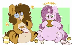 Size: 2200x1381 | Tagged: safe, artist:mulberrytarthorse, derpibooru import, oc, oc:mulberry tart, oc:pencil test, unofficial characters only, earth pony, pony, unicorn, abstract background, belly, belly button, big belly, burger, chicken meat, chicken nugget, colored hooves, duo, eating, eyes closed, fat, female, females only, food, frog (hoof), glasses, image, jpeg, meat, sitting, underhoof