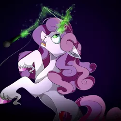 Size: 1080x1080 | Tagged: safe, artist:tessa_key_, derpibooru import, sweetie belle, pony, unicorn, blood, cutie mark, death, electrocution, female, glowing horn, hoof fluff, hoof polish, horn, image, jpeg, looking up, mare, microphone, nosebleed, rearing, simple background, solo, sparking horn, the cmc's cutie marks, white background