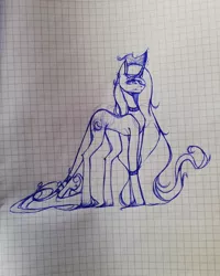 Size: 1080x1350 | Tagged: safe, artist:tessa_key_, derpibooru import, oc, oc:dark moon, unofficial characters only, pony, unicorn, curved horn, female, graph paper, horn, image, jpeg, leonine tail, lineart, mare, solo, traditional art, unicorn oc