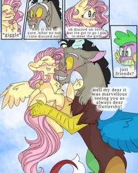 Size: 899x1123 | Tagged: safe, artist:cocolove2176, derpibooru import, discord, fluttershy, spike, draconequus, dragon, pegasus, pony, comic:fluttering chaos, blushing, comic, dialogue, discoshy, female, flying, hug, image, jpeg, male, mare, outdoors, shipping, smiling, straight