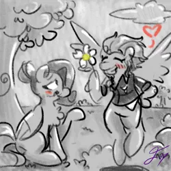 Size: 1024x1024 | Tagged: safe, artist:foxcorn17, derpibooru import, fluttershy, rainbow dash, pegasus, pony, blushing, female, flower, flutterdash, heart, image, lesbian, mare, monochrome, neo noir, older, older fluttershy, older rainbow dash, partial color, png, shipping, sitting