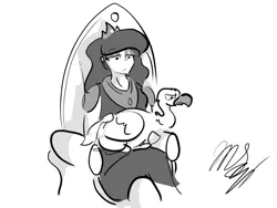 Size: 1280x960 | Tagged: safe, artist:foxcorn17, derpibooru import, princess luna, human, sparkle's seven, black and white, female, grayscale, humanized, image, jpeg, luna petting goose, monochrome, petting, simple background, sitting, solo, throne, white background