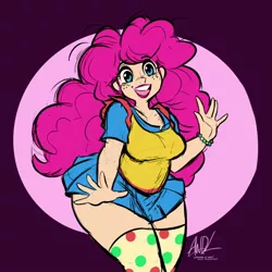 Size: 720x720 | Tagged: safe, artist:andrewdickman, derpibooru import, part of a set, pinkie pie, human, bracelet, chubbie pie, chubby, clothes, female, freckles, humanized, image, jewelry, jpeg, polka dots, skirt, socks, solo, thigh highs, video at source, wide hips