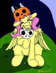 Size: 1080x1420 | Tagged: safe, artist:foxcorn17, derpibooru import, fluttershy, pegasus, pony, candy, candy pail, eyes closed, female, food, halloween, holiday, image, jack-o-lantern, mare, mouth hold, png, pumpkin, sitting, solo