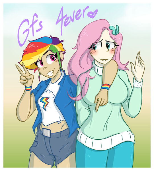 Size: 1280x1419 | Tagged: safe, artist:foxcorn17, derpibooru import, fluttershy, rainbow dash, human, arm around neck, blushing, clothes, cutie mark, cutie mark on clothes, equestria girls outfit, female, flutterdash, humanized, image, jpeg, lesbian, midriff, peace sign, shipping, shirt, smiling, sweater