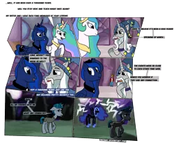 Size: 1480x1220 | Tagged: safe, artist:sneshneeorfa, derpibooru import, nightmare moon, princess celestia, princess luna, star swirl the bearded, stygian, shadow play, comic, futurama, image, lightning, philip j. fry, png, shadow